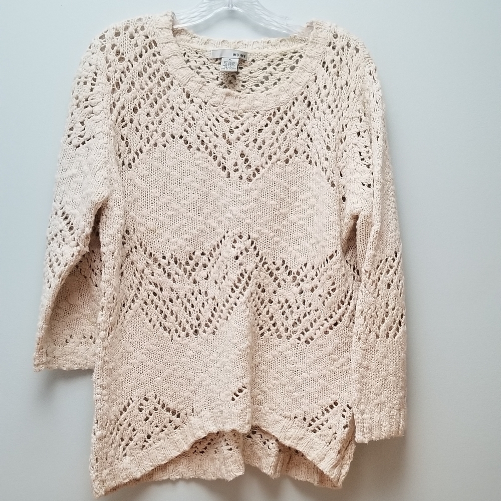 WD•NY | HI/LO OPEN KNIT ECRU SWEATER, SIZE XL